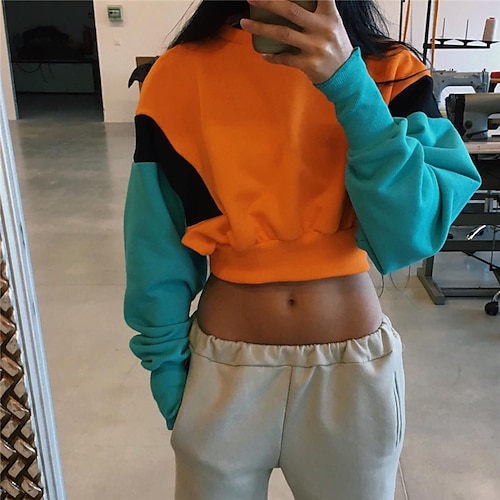 

Women's Pullover Sportswear Yellow Red Color Block Street Round Neck Long Sleeve S M L XL