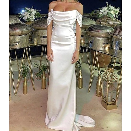 

Mermaid / Trumpet Wedding Dresses Off Shoulder Sweep / Brush Train Satin Short Sleeve Romantic Sexy with Ruched Solid Color 2022