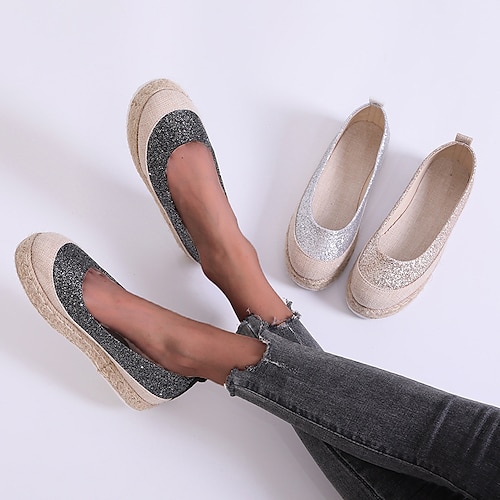 

Women's Slip-Ons Outdoor Daily Comfort Shoes Summer Sequin Flat Heel Round Toe Elegant Sweet Synthetics Loafer Solid Colored Black Beige White