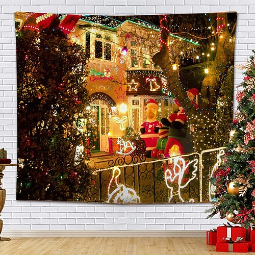 

Christmas Party Wall Tapestry Holiday Photography Background Santa Claus Snowman Reindeer Tree Gift Art Decor Blanket Curtain Hanging Home Bedroom Living Room Decoration Polyester