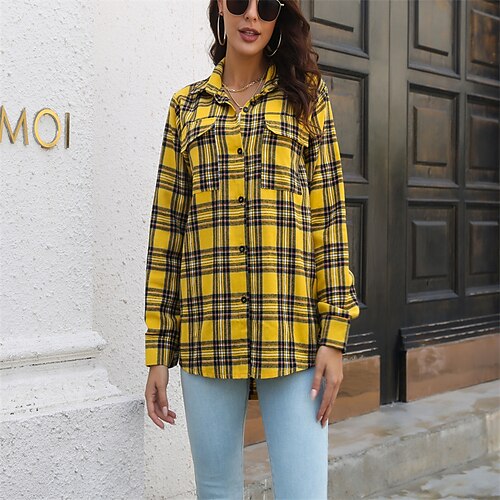 

Mulheres Shacket Preto Amarelo Vermelho Tarten Botão Manga Longa Casual Diário Vintage Colarinho de Camisa Padrão Delgado Casal S