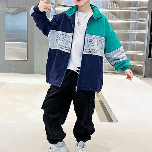 

Kids Boys Coat Outerwear Solid Color Long Sleeve Patchwork Coat Outdoor Basic Cool Black Blue Fall Spring 7-13 Years