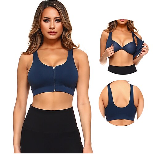 

21Grams Women's Sports Bra High Support Zipper Solid Color Green Dark Navy Yoga Fitness Gym Workout Bra Top Sport Activewear Breathable Quick Dry Comfortable Micro-elastic Slim