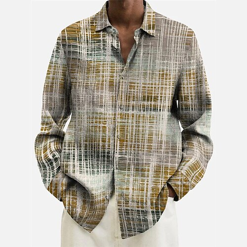 

Men's Shirt Plaid Striped Graphic Prints Turndown Yellow 3D Print Outdoor Street Long Sleeve Button-Down Print Clothing Apparel Fashion Designer Casual Soft