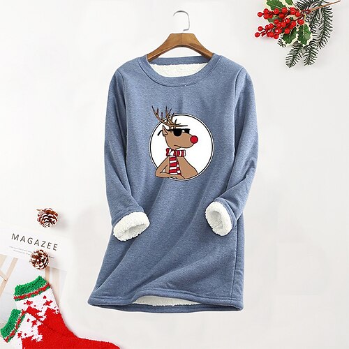 

Women's Plus Size Christmas Fleece Tops Animal Deer Print Long Sleeve Crew Neck Casual Sherpa Fleece Vacation Polyester Winter Fall Blue Wine / T Shirt Dress Tee Dress / Casual Dress