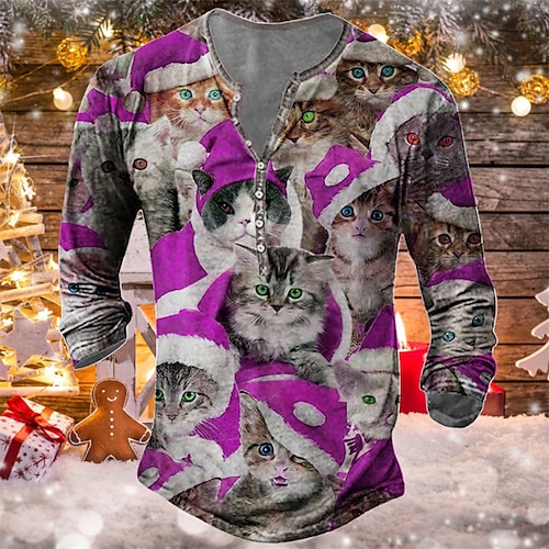 

Men's Henley Shirt T shirt Tee Tee Graphic Cat Henley Green Purple Orange Red 3D Print Outdoor Christmas Long Sleeve Button-Down Print Clothing Apparel Basic Designer Classic Comfortable