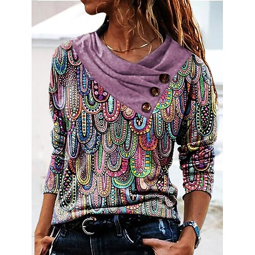 

Women's Blouse Shirt Rainbow Graphic Button Print Long Sleeve Casual Weekend Basic V Neck Regular Fleece lined S