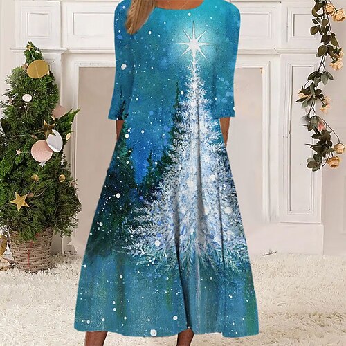 

Women's Christmas Casual Dress Shift Dress Midi Dress Midi Dress Blue Gold Wine 3/4 Length Sleeve Tree Ruched Winter Fall Autumn Round Neck Fashion Daily 2022 S M L XL XXL 3XL