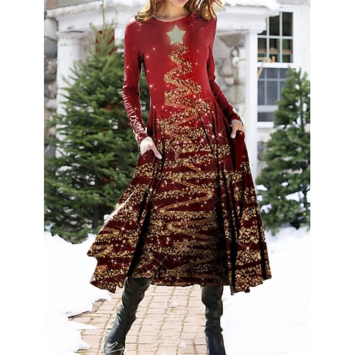 

Women's Christmas Casual Dress Swing Dress Midi Dress Wine Long Sleeve Tree Pocket Winter Fall Autumn Fashion Daily Weekend 2022 S M L XL XXL 3XL