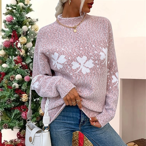 

Women's Ugly Christmas Sweater Pullover Sweater Jumper Ribbed Knit Knitted Snowflake Stand Collar Stylish Casual Outdoor Christmas Winter Fall Blue Pink S M L / Long Sleeve / Weekend / Regular Fit