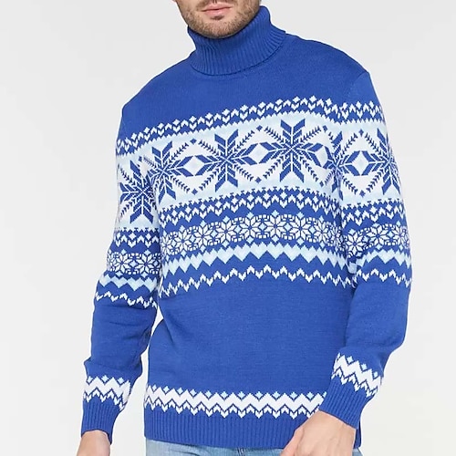 

Men's Sweater Ugly Christmas Sweater Pullover Sweater Jumper Ribbed Knit Cropped Knitted Snowflake Turtleneck Keep Warm Modern Contemporary Christmas Work Clothing Apparel Fall & Winter Blue S M L