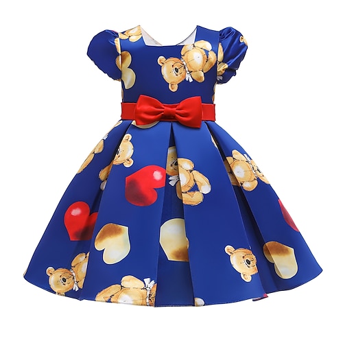 

Toddler Girls' Party Dress Bear Party Dress Knee-length Dress Performance Ruched Short Sleeve Adorable Dress 3-7 Years Fall Blue / Spring