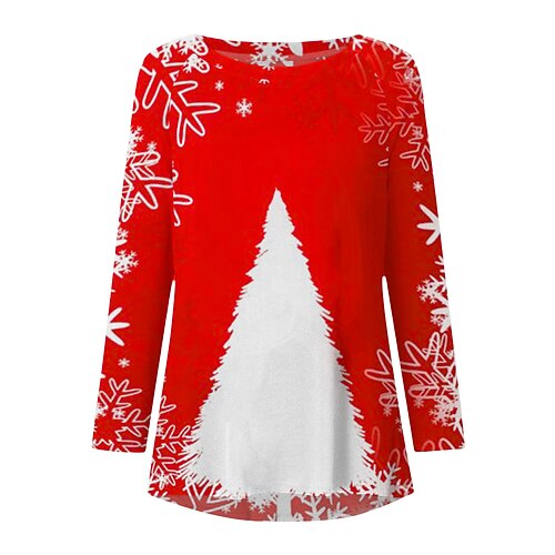

Women's T shirt Tee Wine Fuchsia Red Christmas Tree Snowflake Print Long Sleeve Christmas Weekend Basic Round Neck Long Painting S
