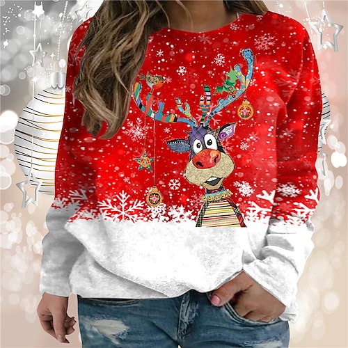 

Women's Plus Size Christmas Tops Pullover Sweatshirt Deer Snowflake Print Long Sleeve Crewneck Casual Festival Daily Polyester Winter Fall Dark Red Wine