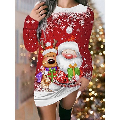 

Women's Sweatshirt Dress Shift Dress Sweat Dress Mini Dress Blue Red Blue Black Long Sleeve Santa Claus Print Winter Fall Autumn Round Neck Fashion Christmas Daily 2022 S M L XL XXL 3XL