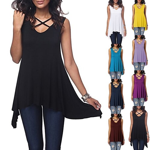 

Women's Cross V Neck Shir Solid Color Sleeveless Vest Summer Top