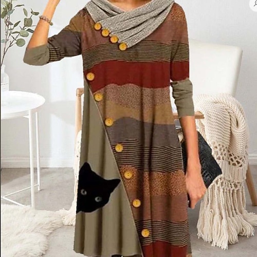 

Mulheres Vestido casual Minivestido Marron Manga Longa Bloco de cor Patchwork Inverno Outono Primavera Decote V Moda Diário Final de semana vestido de primavera Ajuste Largo 2023 S M L XL XXL 3XL