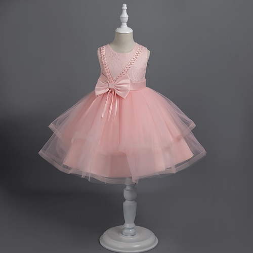 

Toddler Girls' Party Dress Solid Color Tulle Dress Knee-length Dress Performance Tie Knot Crew Neck Sleeveless Adorable Dress 3-7 Years Spring Multicolor Pink Champagne