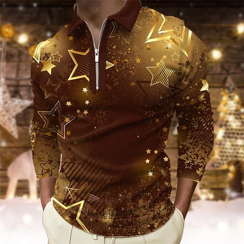

Men's Polo Shirt Golf Shirt Star Graphic Prints Turndown Gold 3D Print Outdoor Christmas Long Sleeve Zipper Print Clothing Apparel Fashion Designer Casual Soft