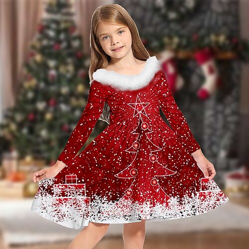 

Kids Girls' Christmas Dress Elk Casual Dress Above Knee Dress Christmas Gifts Fur Trim Long Sleeve Adorable Dress 2-13 Years Winter Blue Wine Red