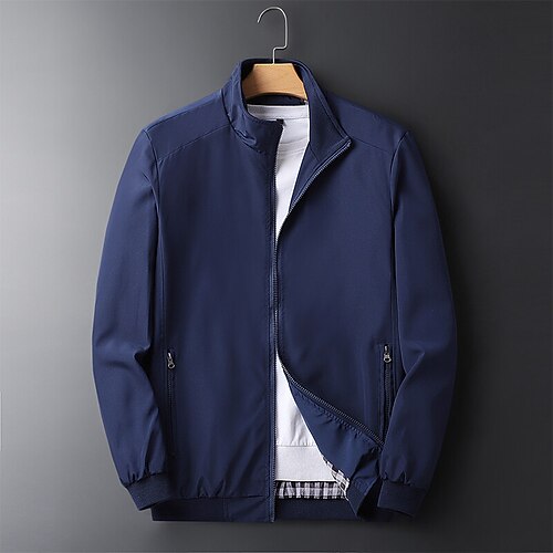 

Men's Casual Jacket Daily Wear Vacation Going out Zipper Stand Collar Comfort Zipper Front Leisure Jacket Outerwear Solid / Plain Color Zipper Pocket Black Blue