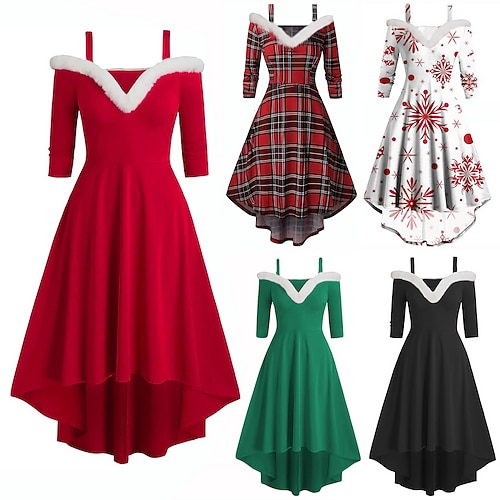 

Women's Christmas Swing Dress Skater Dress Green Red Black Long Sleeve Pure Color Cold Shoulder Plus High Low Winter Fall V Neck Classic Modern Fall Dress Slim 2022 S M L XL 2XL 3XL / Winter Dress