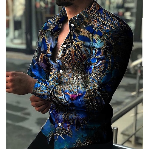 

Men's Shirt Graphic Shirt Animal Tiger Collar Yellow Red Navy Blue Blue Purple 3D Print Outdoor Casual Long Sleeve 3D Print Button-Down Clothing Apparel Fashion Designer Casual Comfortable