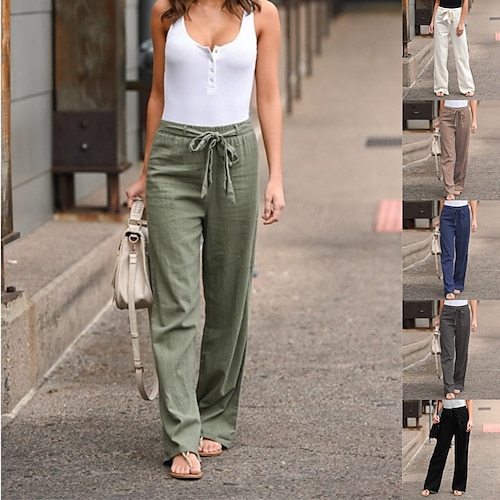 

women's clothing spring autumn casual pants solid color lace casual loose straight trousers