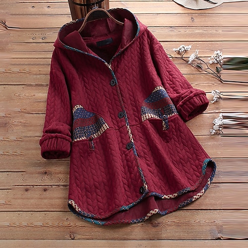 

Women's Plus Size Jacket Hoodie Coat Button Pocket Floral Outdoor Causal Long Sleeve Hooded Regular Winter Fall Green Dark Blue Red L XL XXL 3XL 4XL