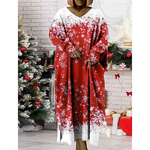 

Women's Plus Size Christmas Dress Print V Neck Long Sleeve Winter Fall Modern Maxi long Dress Daily Dress