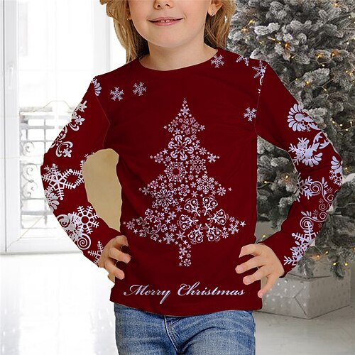 

Kids Girls' Christmas T shirt Christmas Tree Christmas Gifts 3D Printing Long Sleeve Crewneck Cute 7-13 Years Winter Wine