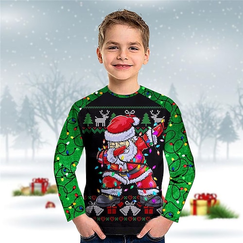 

Toddler Boys Ugly Christmas T shirt Tee Letter Santa Claus Long Sleeve Crewneck Children Top Casual 3D Print Cute Daily Winter Fall Green 7-13 Years
