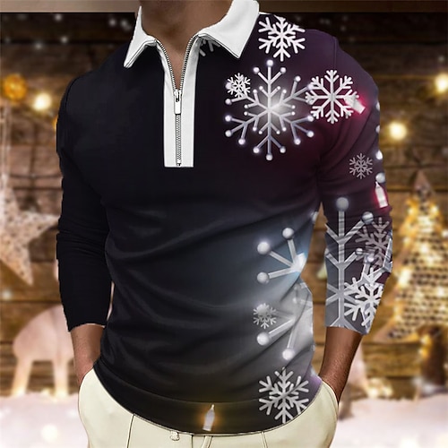 

Men's Polo Shirt Golf Shirt Graphic Prints Snowflake Turndown Black 3D Print Outdoor Christmas Long Sleeve Zipper Print Clothing Apparel Fashion Designer Casual Soft
