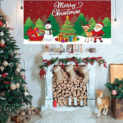 

Christmas Party Wall Tapestry Photo Background Backdrop Banner Hanging Flag Banner Home Decoration Santa Claus Tree Gift Fireplace Winter Wonderland Gingerbread Man