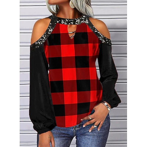 

Mujer Camisa Saliendo de la parte superior Blusa Copas de concierto Rojo Azul Piscina Morado Plaid Lentejuelas Estampado Manga Larga Casual Básico Escote Redondo Regular S