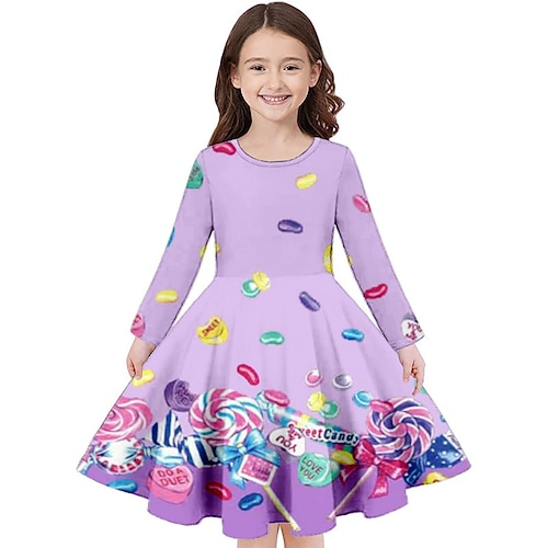 

Kids Girls' Dress Graphic Casual Dress Above Knee Dress Casual Crewneck Crew Neck Long Sleeve Adorable Dress 3-10 Years Winter Purple