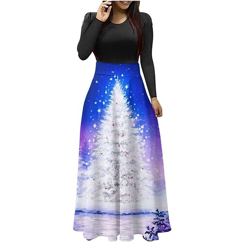

Women's Casual Dress T Shirt Dress Tee Dress Swing Dress Long Dress Maxi Dress Blue Purple Yellow Long Sleeve Christmas Tree Print Winter Fall Autumn Crew Neck Fashion Christmas Vacation 2022 S M L