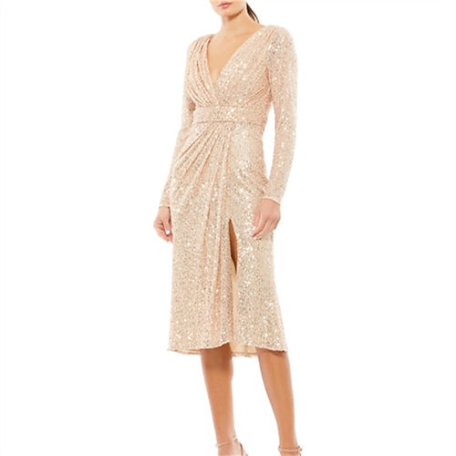 

Sheath / Column Prom Dresses Party Dress Party Wear Knee Length Long Sleeve V Neck Sequined with Sequin Slit 2022