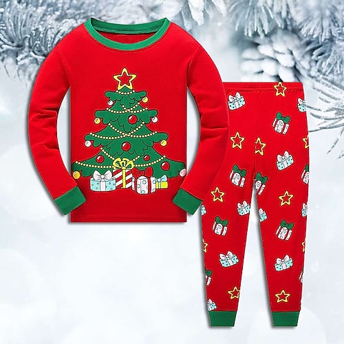 

2 Pieces Kids Boys Ugly Christmas T-shirt & Pants Outfit Santa Claus Christmas Tree Stripe Long Sleeve Crewneck Set Christmas Gifts Cute Daily Winter Fall 7-13 Years Green Light Green Wine