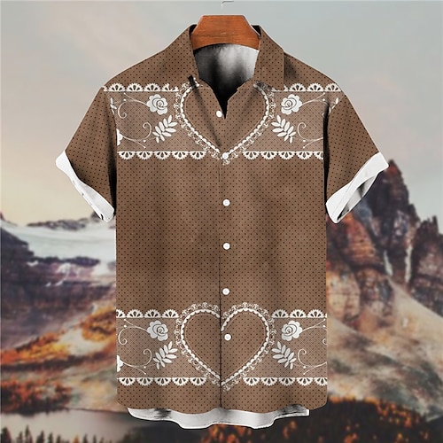 

Men's Shirt Floral Heart Graphic Prints Turndown Blue Brown 3D Print Outdoor Street Short Sleeves Button-Down Print Clothing Apparel Fashion Designer Lightweight Casual