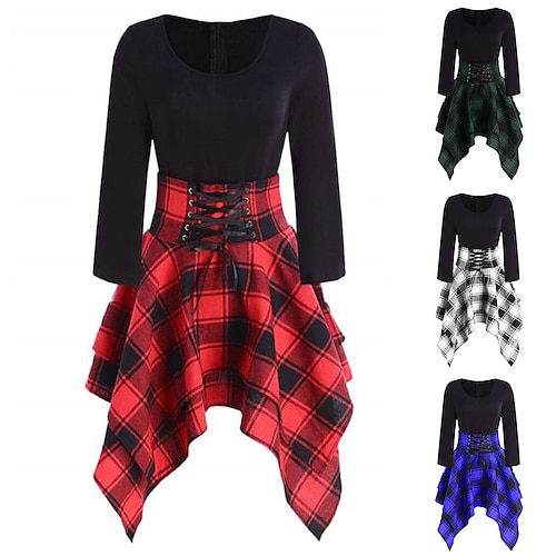 

Women's Plaid Dress Vintage Dress Tartan Dress Mini Dress Black and white grid Red grid Green grid 3/4 Length Sleeve Plaid Patchwork Winter Fall Spring Crew Neck Basic Daily 2022 S M L XL XXL