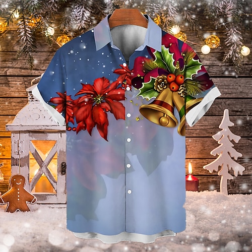 

Men's Shirt Graphic Shirt Floral Turndown Blue 3D Print Christmas Casual Short Sleeves Button-Down Print Clothing Apparel Fashion Designer Casual Breathable / Summer / Spring / Summer