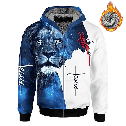 

Men's Fleece Jacket Full Zip Hoodie Fleece Hoodie Sherpa Jacket Blue Hooded Lion Knights Templar Graphic Prints Zipper Print Sports & Outdoor Daily Sports 3D Print Fleece Streetwear Designer Casual
