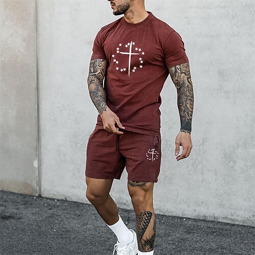 

Men's T-shirt Suits Shorts and T Shirt Set Graphic Prints Cross Crew Neck Green Blue Red Hot Stamping Street Daily Short Sleeve Print Clothing Apparel 2pcs Fashion Designer Casual Comfortable