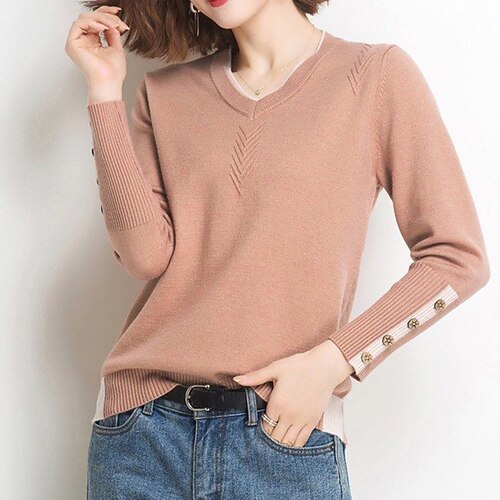 

Women's Blouse Shirt Light Rose Blue Pink Plain Button Crochet Long Sleeve Casual Basic V Neck Regular One-Sized