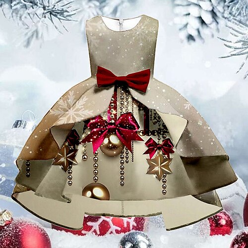 

Kids Girls' Christmas Dress Graphic Swing Dress Knee-length Dress Christmas Gifts Ruffle Crew Neck Sleeveless Elegant Dress 3-10 Years Winter Gold