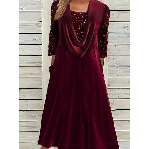 

Women's Christmas Velvet Dress Sequin Dress Swing Dress Midi Dress Wine 3/4 Length Sleeve Pure Color Sequins Winter Fall Autumn Crew Neck Modern Christmas Date 2022 S M L XL XXL 3XL