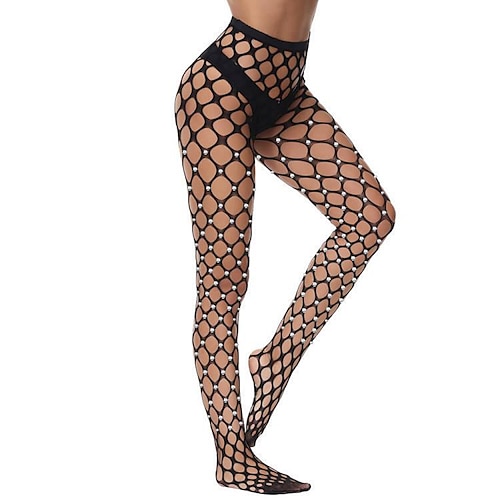 

Women's Pantyhose Mesh Stockings Tights Butt Lift Leg Shaping High Elasticity Mesh Rhinestone Hole Sexy Black One-Size