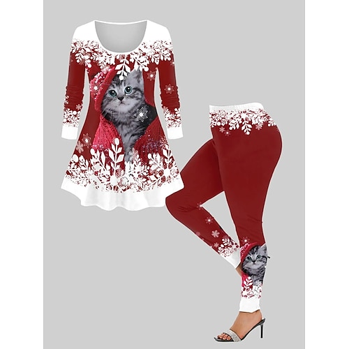 

Women's Plus Size Tops Christmas Set Cat Snowflake Print Long Sleeve Crew Neck Modern Festival Vacation Polyester Winter Fall Red