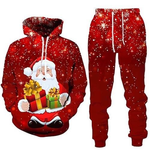 

Men's Tracksuit Hoodies Set Red Hooded Graphic Santa Claus 2 Piece Print Christmas Sports Outdoor Casual 3D Print Basic Streetwear Designer Fall Spring Clothing Apparel Hoodies Sweatshirts